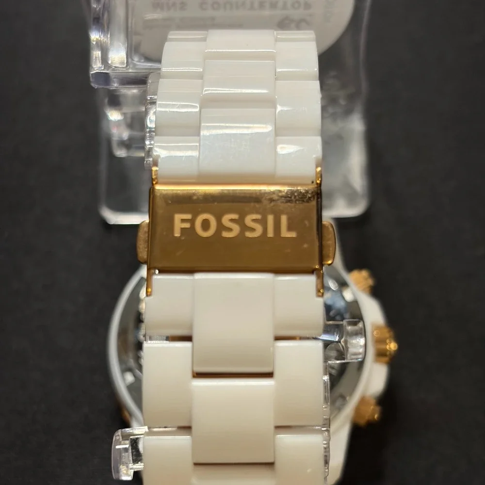 Fossil Chronograph Watch Womens White Gold Rhinestone CH-2716 Cecile